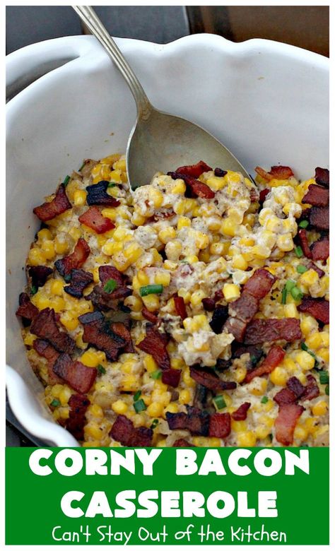 Corny Bacon Casserole | Can't Stay Out of the Kitchen | this delightful #CornCasserole is terrific for #holiday menus like #MothersDay or #FathersDay. It's chocked full of #corn & #bacon & so scrumptious everyone will want extra servings! #CornyBaconCasserole #SideDish #HolidaySideDish Bacon Casserole Recipes, Veggie Casseroles, Bacon Casserole, Veggie Casserole, Corn Dishes, Hot Dish, Corn Casserole, Holiday Side Dishes, Holiday Menus