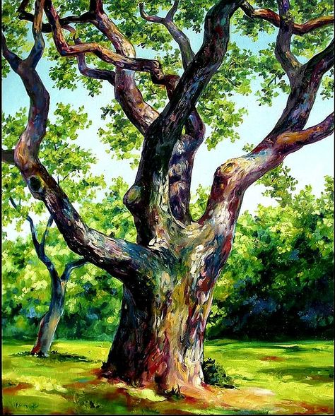 Oak Tree Acrylic Painting, Oak Tree Oil Painting, How To Paint An Oak Tree, Realistic Tree Painting, Big Tree Painting, Simple Tree Painting, Painting Tree Branches, Red Wood Tree, Abstract Trees Painting