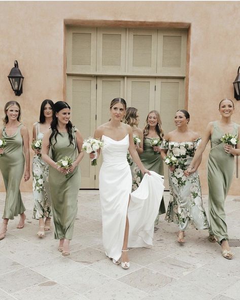 42 Best Green Bridesmaids Dresses: The Ultimate edit Mixed Green Bridesmaid Dresses, Mismatched Green Bridesmaid Dresses, Light Green Bridesmaid Dresses, Bridesmaid Dress Color Schemes, Wedding Ideas 2024, Green Bridesmaids Dresses, Patterned Bridesmaid, Garden Wedding Bridesmaids, Mix Match Bridesmaids