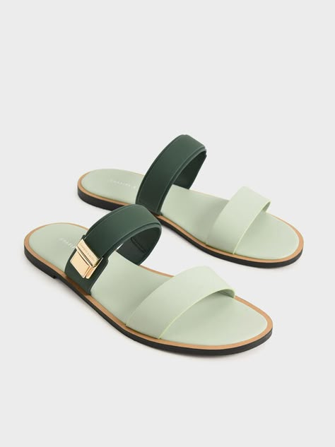 Metallic Buckle Slide Sandals, Green, hi-res Men Leather Sandals Fashion, Modern Wallet, Handmade Footwear, Shoe Makeover, Luxury Sandals, Nice Sandals, Kids Footwear, Trending Sandals, Leather Sandals Women