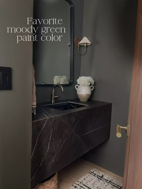 Benjamin Moore Olive Green, Black Metal Stair Railing, Moody Green Paint, Olive Green Bathroom, Grey Powder Room, Green Powder Room, Green Bathroom Paint, Olive Green Bathrooms, Small Dark Bathroom