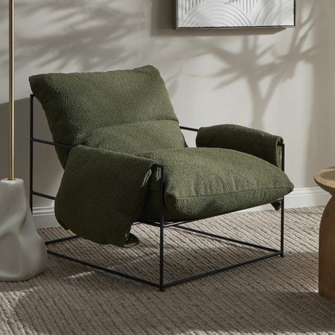 Kezia Boucle Armchair | Temple & Webster Apartment Lounge, Armchair Furniture, Australia Living, Green Chair, Black Metal Frame, Lounge Room, Steel Legs, Occasional Chairs, Rocking Chair