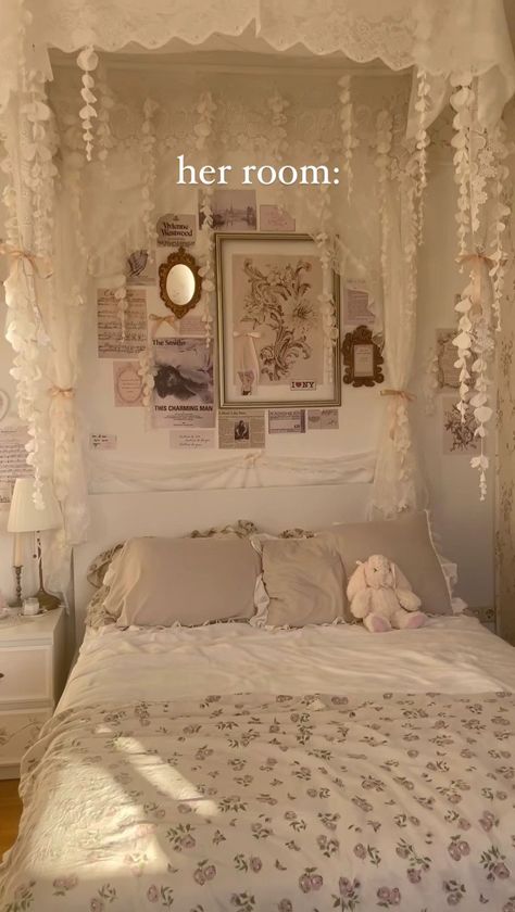 Emma Ross Bedroom, Room Ideas Aesthetic Big Window, Croquet Bedroom Aesthetic, Dorm Room Ideas Elegant, Dim Bedroom Aesthetic, Room Ideas Amazon Finds, Coquette Cottagecore Bedroom, Corner Storage Ideas Bedroom, Lace Curtains Bedroom Aesthetic