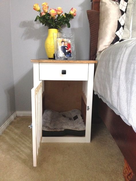 Bedside Table Pet Bed, Nightstand Dog Crate, Nightstand Dog Bed, Dog Crate Bedside Table, Dog Crate Nightstand, Crate Bedside Table, Woodshop Diaries, Kennel Diy, Crate Nightstand