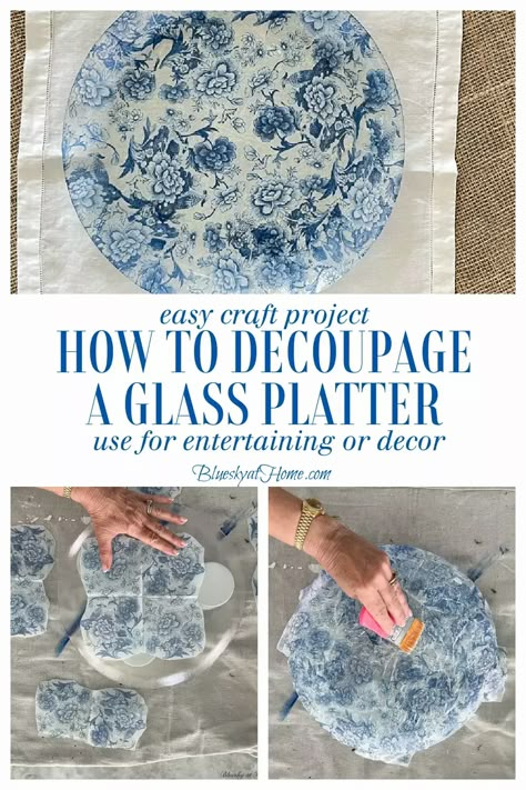 Turn a Plain Glass Platter into a Pretty Platter - Easy Project for Table Entertaining. Get the steps to take a plain glass platter to a pretty serving dish. Get all the steps to make a beautiful decorative piece from an inexpensive thrift store glass platter. Napkin Modge Podge, Decoupage Oyster Shells, Napkin Crafts, Mod Podge Diy, Mod Podge Ideas, Decoupage Candles, Napkin Cards, Mod Podge Projects, Napkin Art