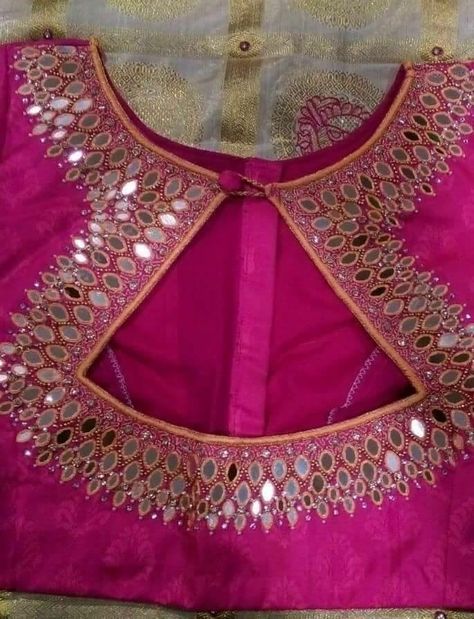 Mirrors with aarya work on a blouse Pattu Sari, Mirror Work Blouse Design, Mirror Work Blouse, Saree Blouse Neck Designs, Blouse Back Neck Designs, Backless Blouse Designs, Sari Blouse Designs, Ladies Blouse Designs, Blouse Designs Silk