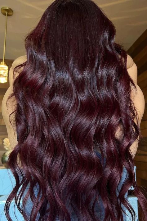 Burgundy Hair Long Layers, Cherry Coke Hair Color, Hair Color Cherry Coke, Cherry Coke Hair, Pelo Color Borgoña, Purple Black Hair, Glam Seamless, Black Cherry Hair, Red Hair Ideas