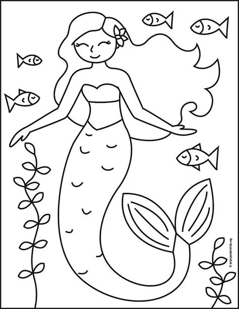 Easy How to Draw a Mermaid Tutorial and Mermaid Coloring Page Drawing Of Mermaid Easy, Mermaid Drawing Simple, Mermaid Swimming Drawing, How To Draw Mermaids, Mermaid Easy Drawing, How To Draw A Mermaid, Simple Mermaid Drawing, Drawing A Mermaid, Beautiful Mermaid Drawing