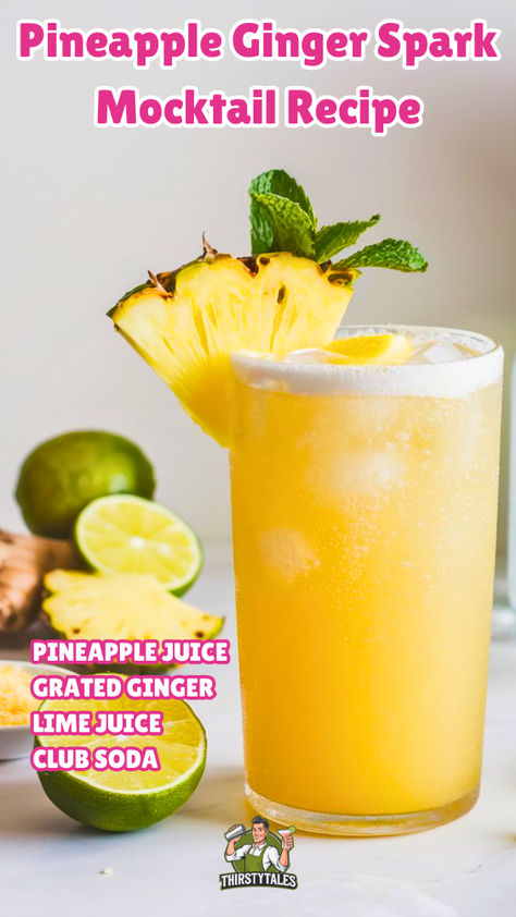 "Discover the refreshing Pineapple Ginger Spark Mocktail recipe, a  delightful non-alcoholic beverage perfect for any occasion! This Ginger  Pineapple Refresher combines the tropical flavors of pineapple with a spicy  kick of ginger, creating a Fizzy Pineapple Drink that’s sure to impress.  Enjoy the vibrant taste of our Ginger Sparkler Mocktail or sip on the  Pineapple Ginger Fizz for a cooling treat. Ginger Mojito Recipe, Pineapple Punch Alcohol, Mocktails Non Alcoholic Pineapple, Gingerale Mocktail Recipes, Tropical Mocktails Non Alcoholic, Pineapple Mocktails, Pineapple Refresher, Drinks Mocktail, Ginger Mojito