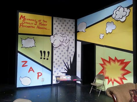 Super Hero Headquarters, Superhero Stage Design, Comic Book Classroom Decor, Super Hero Vbs, Superhero Backdrop, Set Theatre, Book Backdrop, Superhero Vbs, Superhero City