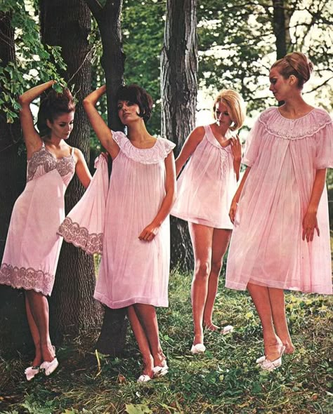 Is there anything dreamier than 1960s sleepwear? The pastel colours and babydoll designs are enough to keep you dreaming all night long! With the invention of polyamide in 1958, it made it possible to produce cheaper nightgowns, giving way to more “fluffy” designs. Since polyamide was cheaper women could buy a variety of different types of sleepwear with matching robes to keep on rotation. It was also a lot less high maintenance (you didn’t have to iron it!). Though we saw a lot of changes in... Baby Doll Pajamas, 1960s Lingerie, Vintage Sleepwear, Classic Lingerie, Retro Lingerie, Lingerie Vintage, Vintage Nightgown, The Fifties, Inspirational Photos