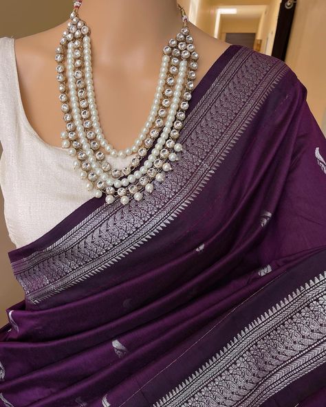 Www.thejacouture.in > cotton silk sarees silver border. > Dark wine cotton silk saree with silver Border. . Saree Description: Dark wine cotton silk saree with silver zari border and butta all over. Comes with running blouse. Saree height: 46 inches. Saree length: 5.5 meters. Blouse : 80cm Care: Normal wash. priced: 1450/- INR Delivery time Duration: * Domestic in 4 to 6 working days. * International in 10 to 15 days Courier partner: Delhivery and Dtdc. . . For for details and query d... Maroon Manthrakodi Saree, Jewellery For Silver Zari Saree, Silver Border Saree Blouse Designs, Grape Colour Saree, Grape Wine Saree, Vine Colour Saree, Silk Saree Look Modern, Ethnic Day Saree, Dark Colour Saree