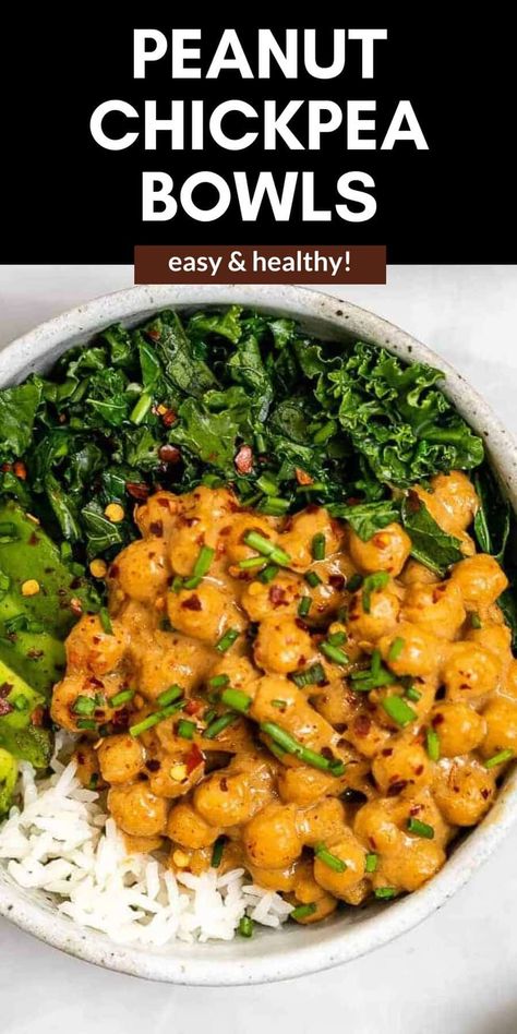 These peanut chickpea veggie bowls are easy to make, high in vegan and plant based protein and are the perfect 20 minutes dinner recipe. Perfect for a meal prep bowl! Peanut Chickpea Bowl, Easy Vegan Supper Ideas, Chickpea Bowl Vegan, Healthy Bean Recipes High Protein, Easy Protein Vegetarian Meals, High Protein Chickpea Recipes, Easy Meal Prep Vegetarian, Lunch Meal Prep Vegetarian, Plant Based Lunch Recipes