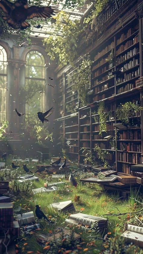 Overgrown Library, Decor With Books, Abandoned Forest, Install Floating Shelves, Forest Library, Lost Library, 3 Floating Shelves, Abandoned Library, Books By Color