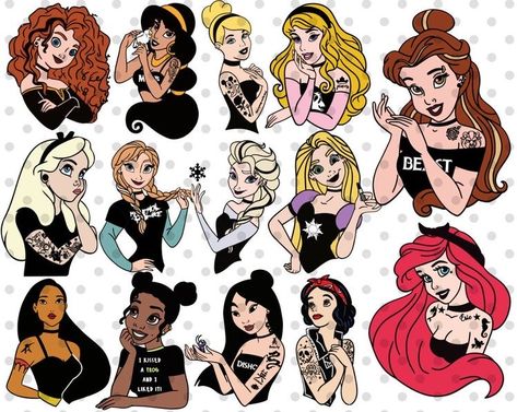 Disney Princesses Tattoo, Princesses Tattoo, Emo Disney Princess, Gothic Disney Princesses, Disney Gone Bad, Cinderella Svg, Ariel Svg, Dark Disney Tattoo, Emo Disney