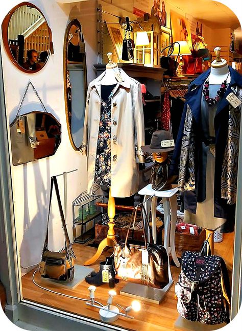 Clothing Shop Window Display, Charity Shop Layout Ideas, Thrift Shop Window Display, Thrift Store Window Display, Vintage Store Window Displays, Vintage Shop Window Display, Charity Shop Window Displays, Clothing Store Window Displays, Charity Shop Aesthetic