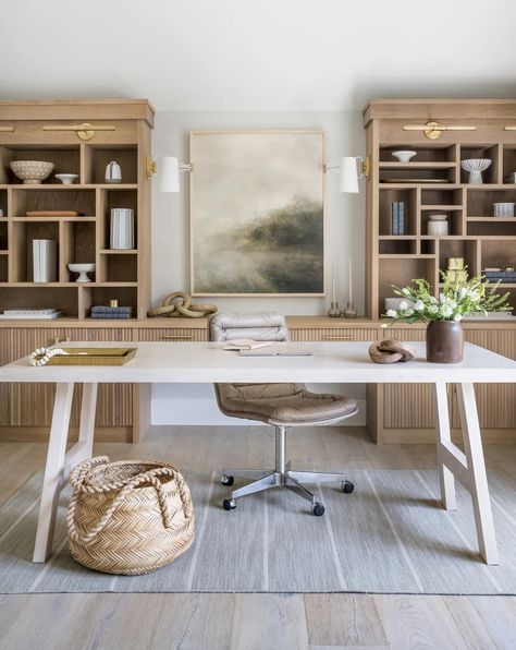 Home office ideas for her: 10 comfortable spaces you'll love | Modern Transitional Home Office, Organic Modern Decor Office, Oak Office Ideas, Home Office With Lots Of Storage, White Oak Office Built In, Modern Mediterranean Office, Modern Coastal Home Office, Open Home Office Design, Peaceful Home Office