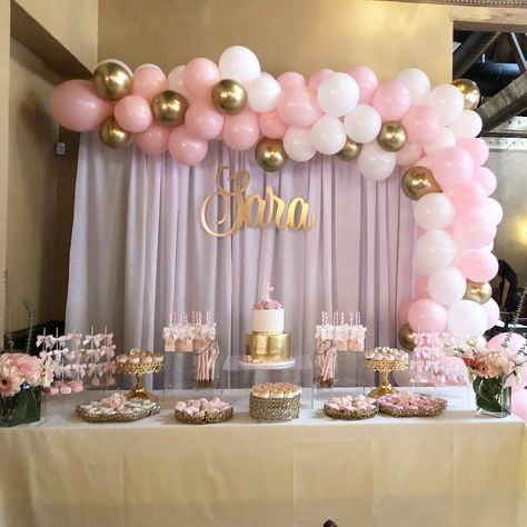 Backdrops By Anna on Instagram: “Beautiful Sara’s baptism @thegatetothemediterranean desserts and table set up by @chocolatepopsbyalice backdrop, balloons and name cutout…” Flamingo Diy, Baby Shower Table Set Up, Baptism Decorations Girl, Tårta Design, Girl Shower Themes, Idee Babyshower, Birthday Garland, Girl Baby Shower Decorations