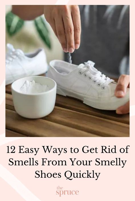 Freshen up your shoes with these quick and effective home remedies. Learn how to prevent smelly feet and stinky shoes from occurring in the first place. #hacks #cleanhouse #cleaningguide #cleaninghacks #cleaningtips  #stepbystepcleaning #thespruce Smelly Shoes Remedies Diy, How To Keep Your Shoes From Smelling, Clean Stinky Shoes, Stinky Shoes Remedy Diy, How To Get Your Shoes To Stop Smelling, Stinky Tennis Shoes Remedy, How To Keep Shoes From Smelling, Remove Smell From Shoes, How To Remove Smell From Shoes