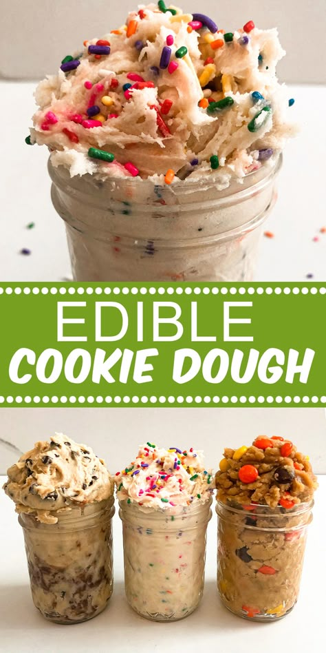 Edible cookie dough in a glass jar topped with sprinkles and candy. Edible Sugar Cookie Dough, Eggless Cookie Dough, Eggless Cookie, Edible Cookie Dough Recipe, Cookie Dough Recipe, Edible Cookies, Edible Cookie Dough, Sugar Cookie Dough, Easy Baking Recipes Desserts