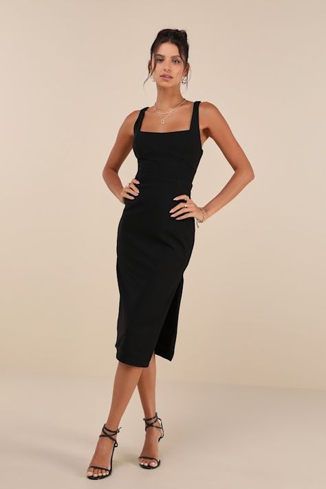 Vibrant Allure Black Square Neck Sleeveless Bodycon Midi Dress Elastane Midi Dress With Straight Neckline For Night Out, Sleeveless Elastane Dress For Date Night, Chic Midi-length Sleeveless Elastane Dress, Chic Sleeveless Midi Dress In Elastane, Sleeveless Elastane Bodycon Dress For Date Night, Party Midi Dress With Stretch And Straight Neckline, Elegant Fitted Sleeveless Dress For Brunch, Sleeveless Bodycon Dress For Brunch, Fitted Sleeveless Midi Dress For Brunch