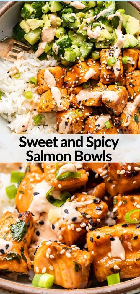 Dinner Ideas Fresh Healthy Recipes, Quick Easy Gf Dinner, Crunchy Salmon Bowl, Asian American Recipes, Salmon And Rice Meal Prep, Simple Monday Dinner, Sweet And Spicy Salmon Bowl, Baked Salmon Bowl Recipe, Salmon Bowl With Spicy Mayo