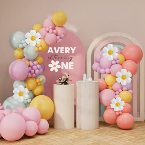 Groovy Themed Birthday Party, Flower Balloon Arch, Daisy Flower Balloon, Daisy Balloon Garland, Baby Birthday Balloon, Two Groovy Birthday, Hippie Birthday Party, Flower Party Decorations, Groovy Daisy