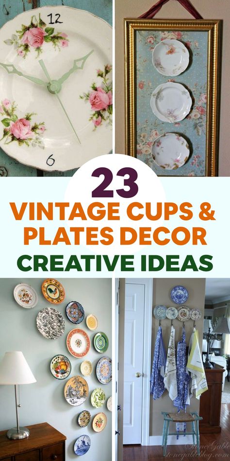 Enhance your home decor with a vintage touch by crafting DIY projects using vintage cups and plates. Repurpose mismatched teacups into charming candle holders by placing tea lights inside. Arrange them on vintage saucers to create an elegant centerpiece or scatter them around for a cozy ambiance. Embrace nostalgia and infuse your home with a timeless, whimsical atmosphere. Let your living space reflect the beauty of yesteryears while adding a unique charm to your decor. Displaying Plates Ideas, Plate Arrangements On The Wall, Old Plates Crafts Diy Projects, Upcycle China Dishes, Decorative Plate Display Ideas, Vintage Plates On Wall, Cedar Houses, Plate Stand Display, Upcycled China