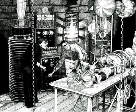 Frankenstein's Laboratory by stephenburger on DeviantArt Frankenstein Novel, Frankenstein Lab, Black And White Horror, Frankenstein 1931, Mad Scientist Lab, Goth Bride, Scientist Lab, Frankenstein And Bride, Dr Frankenstein