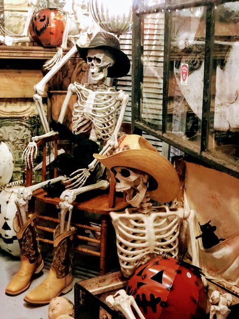 Country Skeleton, Ranch Halloween Decor, Wild West Party Aesthetic, Halloween Hoedown, Western Halloween Decorations, Western Theme Halloween Decor, Ghost Town Halloween, Saloon Trunk Or Treat, Halloween Saloon Decor