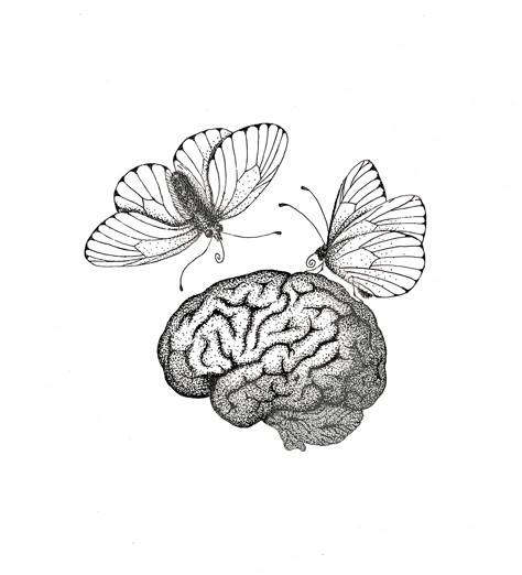 Brain And Butterfly Tattoo, Neuroscience Tattoo Psychology, Neuro Tattoo, Brain Anyersym Tattoo, Flower Brain Tattoos, Brain Butterfly, Psych Tattoo, Neuro Tattoo The Brain, Psychology Drawing