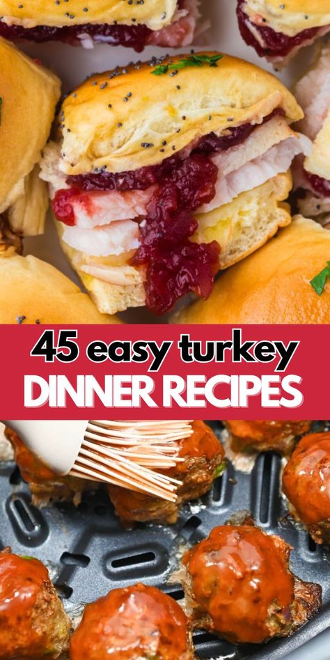 You'll love these 45 tasty turkey dinner recipes for any time of year. Enjoy easy ideas for delicious turkey meals everyone will love! One Pan Turkey Dinner, Turkey Dinner Ideas, Turkey Dinner Recipes, Meals Everyone Will Love, Moist Turkey Meatloaf, Ground Turkey Casserole, Turkey Salad Recipe, Turkey Meals, Turkey Casserole Recipe