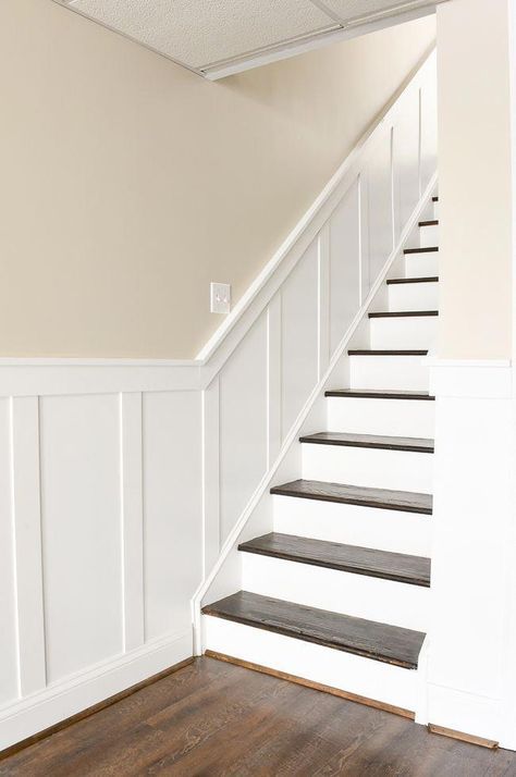 Basement Staircase, Stair Paneling, Stairs Renovation, Dream Basement, Board Batten, Diy Basement, Staircase Remodel, Staircase Makeover, Stair Remodel