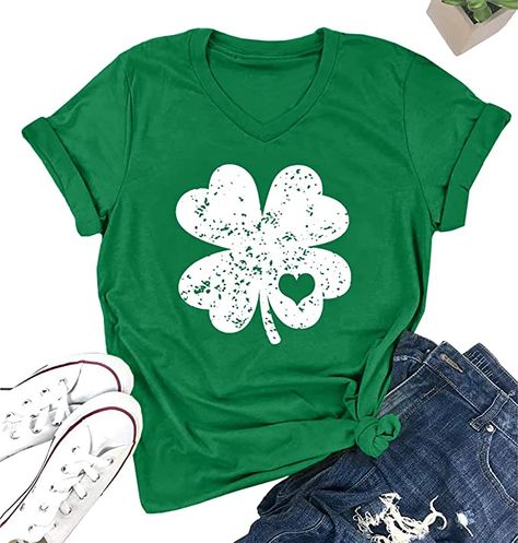 LOTUCY St. Patrick Day Green Shamrock Tee Shirt Women Clover Vintage Tee Top Four Leaf Retro V Neck T Shirts St Patrick's Day Shirts, St Patricks Day Shirts, Tshirt For Women, Product Must Haves, St Patricks Day Shirt, Four Leaf, T Shirt For Women, School Shirts, Shirt Women