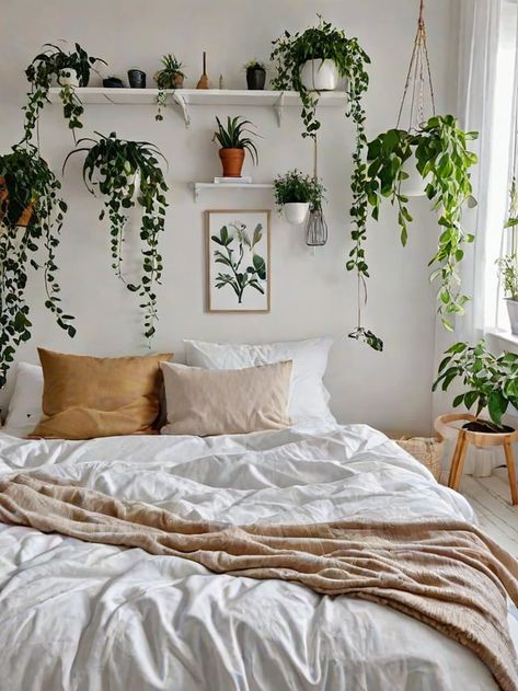 Bedroom with a cozy and relaxing atmosphere. - Design Ideas AI Bedroom Plant Shelf, Wardrobe Decor Ideas, Bedroom With White Bed, Scandinavian Apartment Decor, Vanlife Aesthetic, Hanging Plants Indoor Bedroom, Air Filtering Plants, Tan Bedroom, Scandinavian Bedrooms