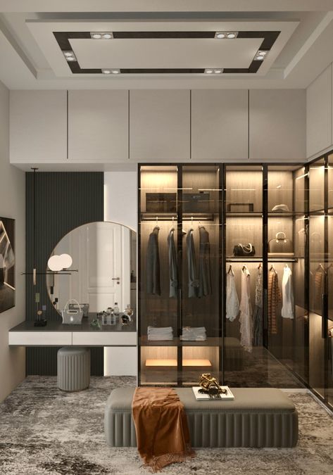 Dressing room Dressing Room Modern Design, Dressing Glass Design, Walkin Wardrobe Designs, Long Dressing Room Mirror, Dressing Room Office Combo, Dressing Room Modern, Dark Dressing Room, Wardrobe With Dressing Table In Middle, Dressing Room Luxury