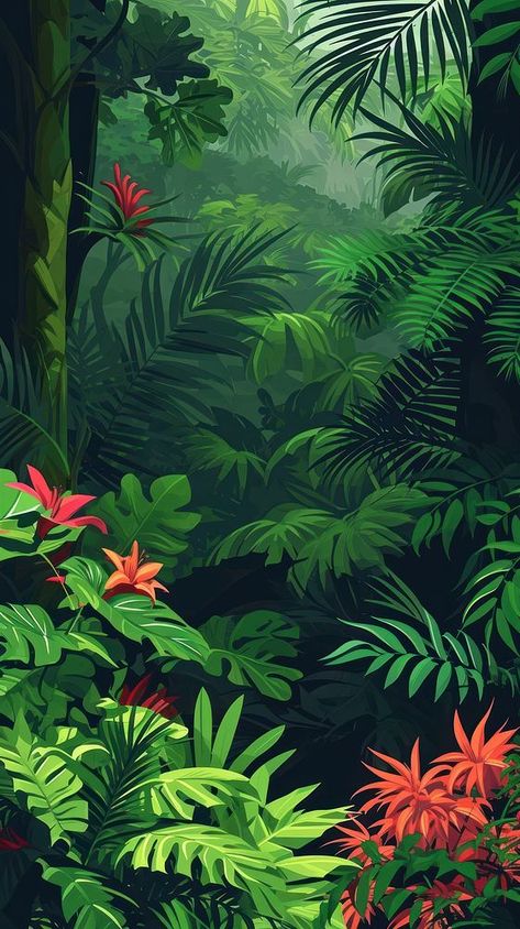 Tropical Tree Illustration, Forest Leaves Drawing, Tropical Forest Illustration, Tropical Plants Painting, Vegetation Illustration, Leaves Iphone Wallpaper, Tropical Plants Illustration, Rainforest Background, Rainforest Design