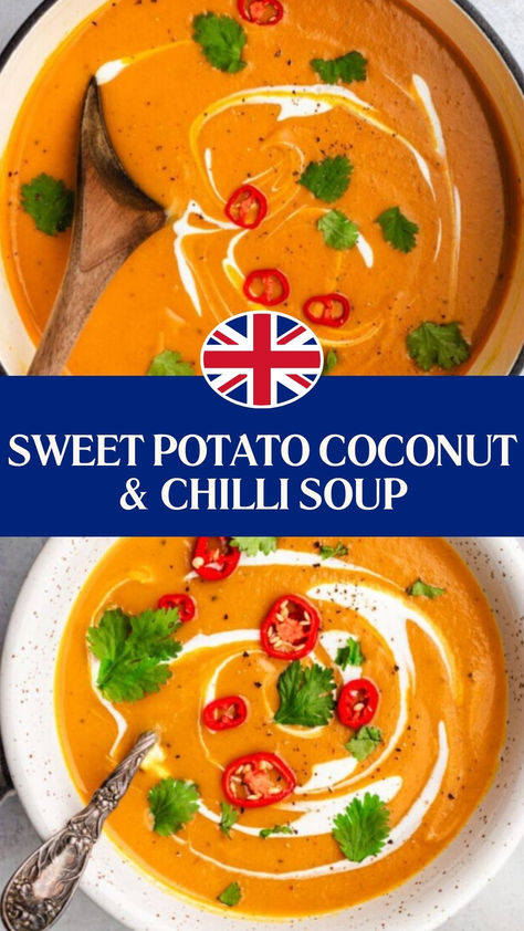 Sweet Potato Coconut & Chilli Soup​ Sweet Potato Chilli Soup, Coconut And Sweet Potato Soup, Sweet Potato And Coconut Soup, Sweet Potato Coconut Curry Soup, Sweet Potato Soup With Coconut Milk, Sweet Potato Coconut Soup, Chilli Soup Recipe, Sweet Potato Coconut Curry, Sweet Potato Chilli