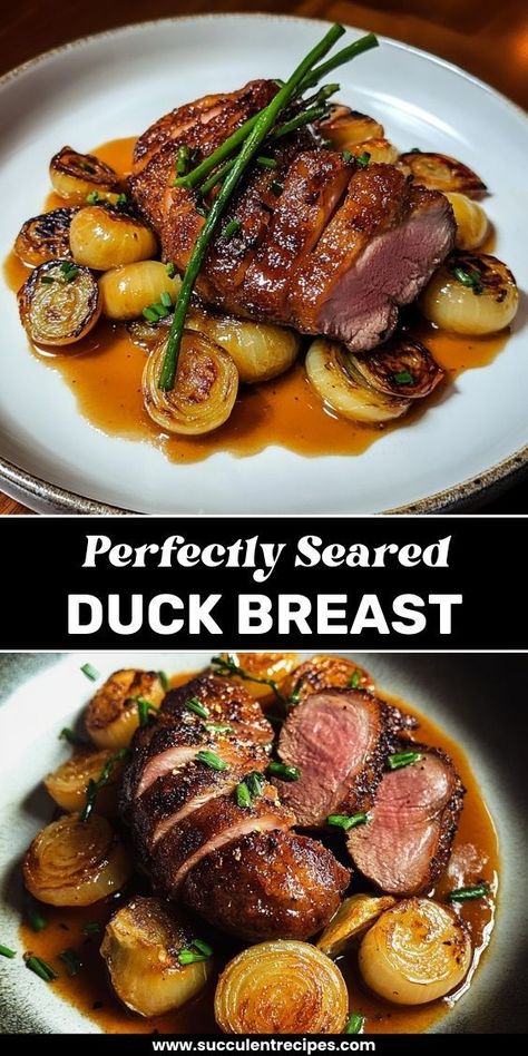 This Perfectly Seared Duck Breast with Cipollini Onions features tender, crispy-skinned duck paired with sweet, caramelized onions for a gourmet meal. Slow Cooker High Protein, Crispy Duck Recipes, Duck Dishes, Pheasant Recipes, Roasted Duck Recipes, Duck Breast Recipe, Seared Duck, Cipollini Onions, Cozy Movie Night