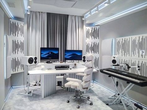 Music Studio Room Luxury, Music Studio Bedroom, Home Music Studio Ideas, White Setup, Music Room Ideas, Studio Room Design, Music Studio Design, Room Black And White, Music Studio Decor