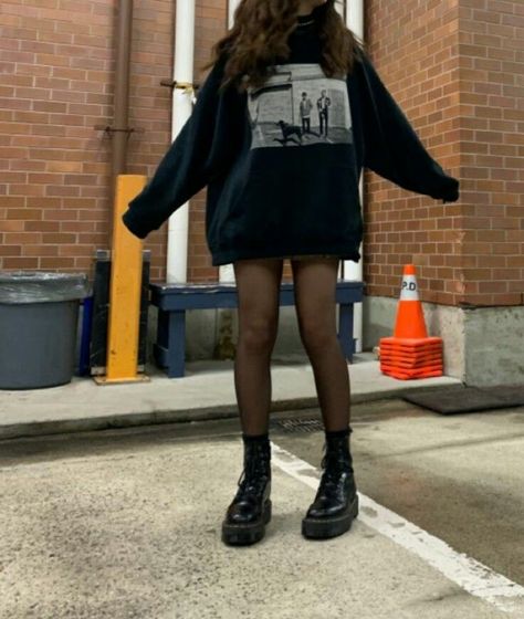 Fits With Combat Boots, Tights And Skirt Outfit Grunge, Summer Outfits Combat Boots, Sweatshirt And Tights Outfit, Combat Boot Outfits Aesthetic, Emo Combat Boots Outfit, Grunge Combat Boots Outfit, Combat Boots And Tights Outfit, Sundress And Combat Boots