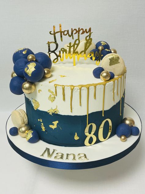 Navy blue & gold fault line buttercream 80th birthday cake 80th Birthday Cake Men, Mens 80th Birthday Cake, 80th Birthday Cake Grandpa, Birthday Cakes For Men Unique, 80 Birthday Cake Men, Navy Blue And Gold Cake, 80th Birthday Cake For Men, Gold Anniversary Cake, Royal Blue Wedding Cakes