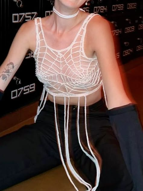 by @/twoshortnails on ig Spider Rave Outfit, Crochet Harness Top, Spider Web Crochet Top, Spiderweb Crochet Top, Alt Tops, Spiderweb Crochet, Spiderweb Top, Crochet Gothic, Crochet Spooky