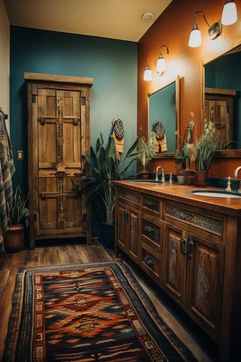 Native American Bathroom Ideas, Cool Toned Bathroom Ideas, Ranch Style Bathroom Decor, Western Paint Ideas Wall Colors, Southwest Inspired Bathroom, Western Inspired Interior Design, Old Western Style House, Bathroom Western Decor, Western Home Paint Ideas