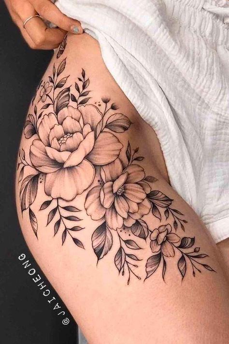 Rose Tattoo On Hip, Floral Hip Tattoo, Flower Hip Tattoos, Feminine Nature, Floral Thigh Tattoos, Hip Thigh Tattoos, Hip Tattoos, Hip Tattoos Women, Nature Tattoo