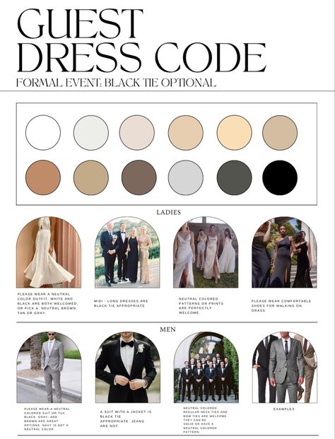 Wedding Attire Palette, Neutral Wedding Guest Palette, Wedding Dress Code Guide For Guests, Neutral Wedding Guest Dress Code, Dresscode Wedding Invitation, Wedding Dress Code Color Palette, Wedding Dress Code Ideas, Garden Wedding Attire Guest, Wedding Theme Palette