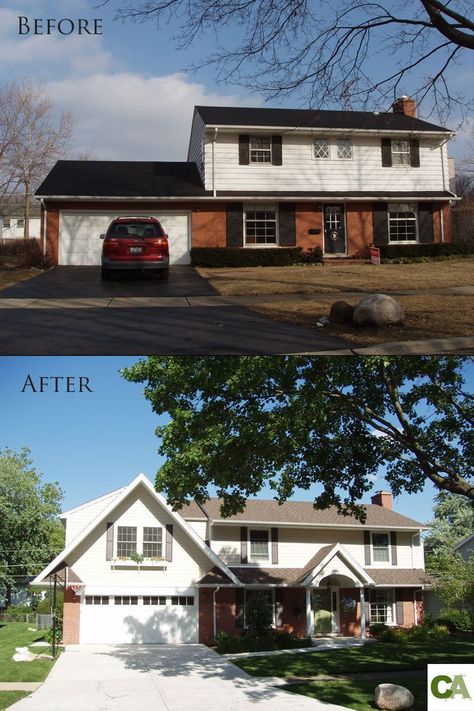 Colonial Exterior Remodel, Addition Over Garage, Design Seed, Split Level Remodel, Bedroom Addition, House Makeovers, Exterior House Remodel, Garage Addition, House Addition