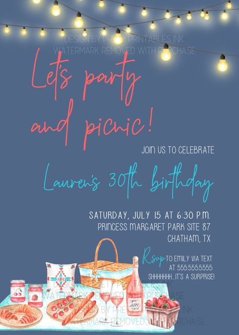 Night time boho picnic party invitaiton featuring a navy blue background, lit up string lights and boho watercolor picnic items. Customized party details go along the right-hand side. Picnic Party Invitations Templates, Picnic Invitations Template, Boho Picnic Birthday Party, Bohemian Outdoor Party, Picnic Party Invitations, Picnic Invite, Summer Birthday Party Invitations, Backyard Birthday Party, Dinner Party Invite