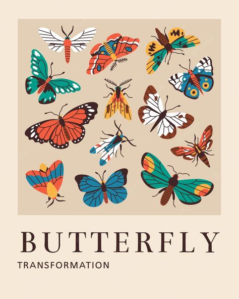 Vintage Poster Illustration, Cute Butterfly Illustration, Monarch Illustration, Butterfly Illustration Design, Vector Illustration Design Graphics, Butterfly Illustration Art, Butterfly Draw, Folk Art Butterfly, Butterfly Graphic Design