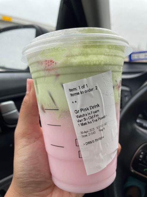 Starbucks pink drink with matcha cold foam Matcha And Pink Drink, Starbucks Drinks With Matcha Foam, Cute Pink Starbucks Drinks, Matcha Foam Starbucks, Starbucks Drinks Pink Drink Matcha, Pink And Green Starbucks Drink, Starbucks Recipes 2023, Pink Drink Matcha Foam, Pink Drinks From Starbucks